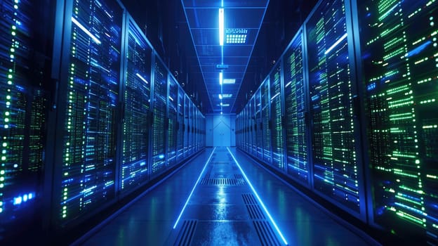 A high-tech data center with rows of servers, blue and green LED lights, symbolizing advanced technology and data storage. Resplendent.