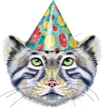 Watercolor drawing of the animal cat manul in party hat
