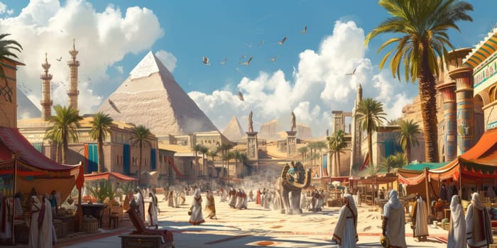 An ancient Egyptian city at the peak of its glory, with pyramids, Sphinx, and bustling markets. Resplendent.