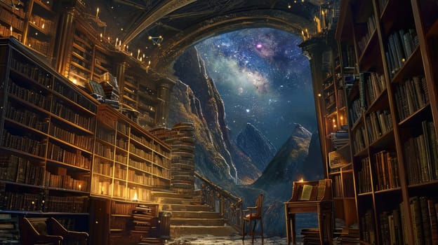 An ancient library filled with magical books, glowing orbs, and mystical artifacts. Shelves reach up to a high, vaulted ceiling, with soft light filtering through stained glass windows. Resplendent.