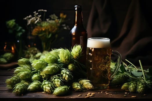 A bottle of beer and a glass of beer with foam on a wooden background with green hops.