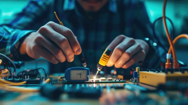 A person is using a soldering iron to work on a motherboard, demonstrating their expertise in engineering and hand-eye coordination. AIG41