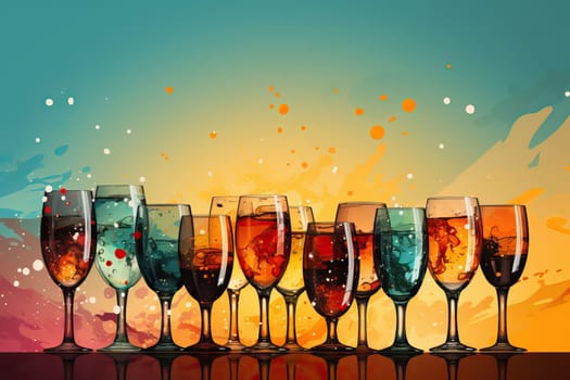 Glasses with drink on a bright background, banner and greeting card.