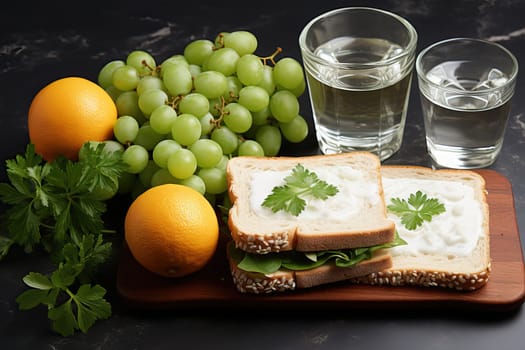 A sandwich with greens, grapes and an orange, two glasses of water on the breakfast table, the table cover is black.