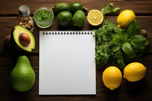 Fresh organic vegetables and fruits on wooden background. Concept of healthy eating and healthy living, marathon menu for weight loss. White sheet of paper with copy space.