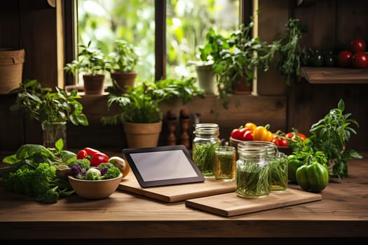 In the kitchen, a tablet with vegetables on the background of a window for recording recipes from vegetables for proper nutrition on a diet.