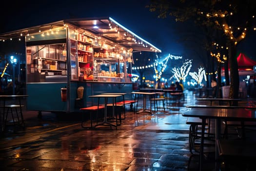 Empty scene with a dark street food van standing in the evening in a nice warm light, commercial property. An empty food stall on a street lit with garlands.