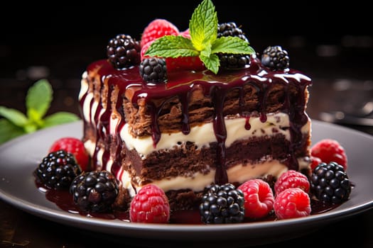 A piece of chocolate sponge cake with white cream and berries on a black background.