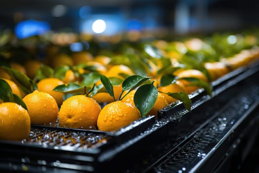 Close up orange citrus washing on conveyor belt at fruits automation water spray cleaning machine in production line of fruits manufacturing. Agricultural industry and innovation technology concept.