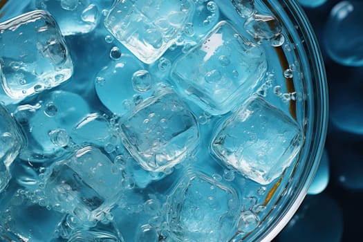 Top view of drinking water with ice, refreshing glass of drink with ice.
