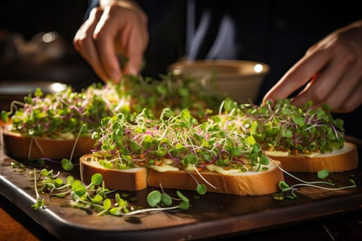 A person puts microgreens on a sandwich, useful microgreens for healthy eating. Pieces of bread are covered with green microgreens for a healthy breakfast.