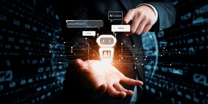 Human interact with AI artificial intelligence virtual assistant chatbot in concept of AI artificial intelligence prompt engineering, LLM AI deep learning to use generative AI for work support. NLP