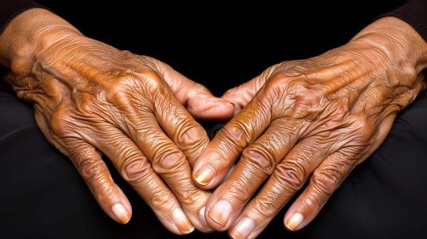 Closeup Hands Of Old African American Person On Black Background. Aging Process. Very Old Senior Woman Hands Wrinkled Skin. Horizontal Plane. Ai Generated. Healthcare and Insurance Concept, Hospice