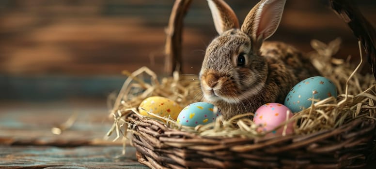 Real bunny nestled in a basket with colorful Easter eggs on a wooden surface.