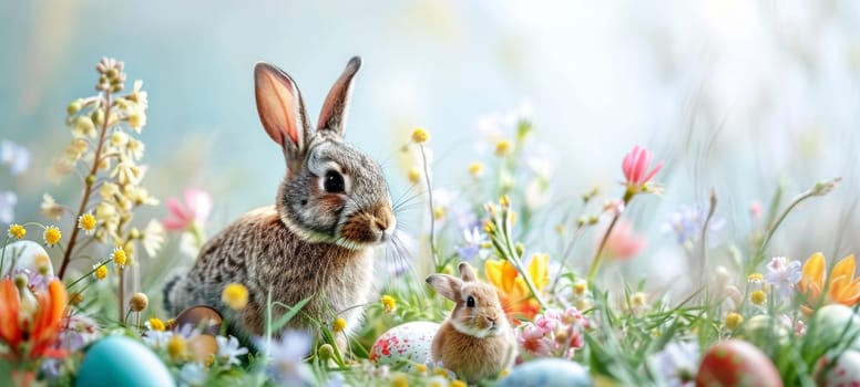 A wild rabbit sits among vibrant Easter eggs scattered in a blooming spring field, with a warm sunlight backdrop.