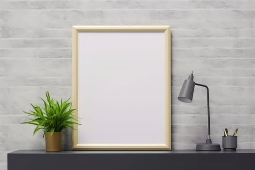 Modern interior mockup with blank frame, desk lamp, and potted plant on black shelf against beige wall. Minimalist design template for poster, artwork or photo display