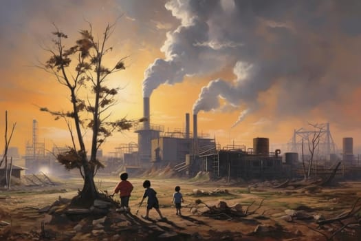 Three children standing amidst a barren landscape, looking at a polluting factory with smoking chimneys at sunset.