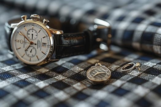 An Analog watch in electric blue is resting on a blue tartan shirt and tie, adding a touch of sophistication to the outfit