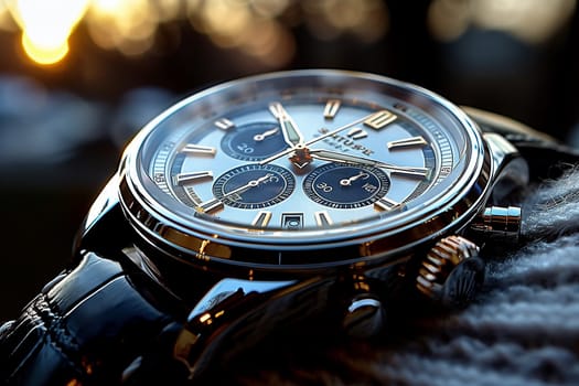 A closeup shot captures an analog watch on a persons wrist, showcasing the electric blue dial and nickel metal case of this stylish fashion accessory