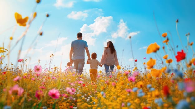 A happy family holding hands walks through a grassy field of flowers, surrounded by the beautiful natural landscape and vast sky. AIG41