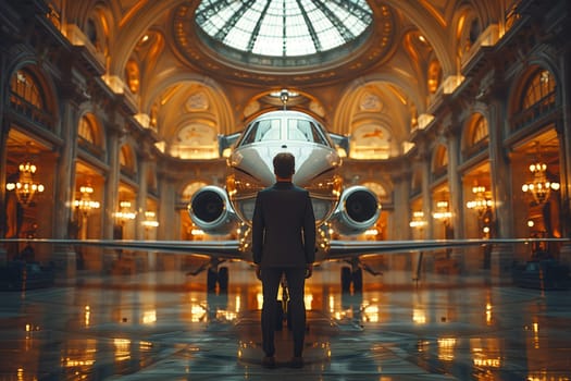 A gentleman in formal attire stands before a private jet inside a building, surrounded by Byzantine architecture and glass fixtures