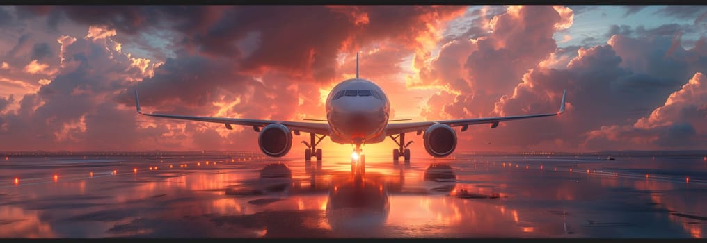 The airplane, a magnificent work of art by an aerospace manufacturer, is gracefully taking off from the airport runway as the vibrant sunset paints the sky with a symphony of colors