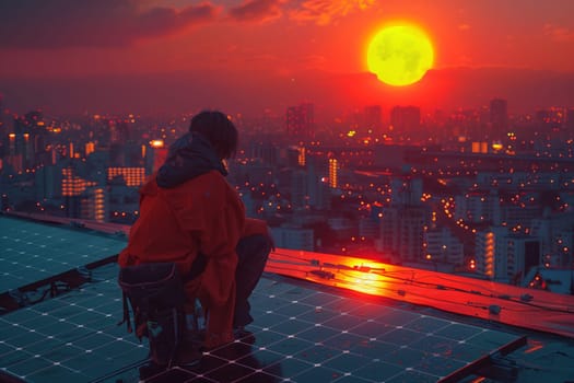 A person is sitting on a solar panel, gazing at the sunset over the city skyline with skyscrapers against the afterglow sky, creating a mesmerizing urban landscape