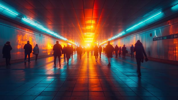 A group of people are walking through a tunnel at night illuminated by automotive lighting, casting orange tints and shades on the road surface, while the sky above remains dark and mysterious