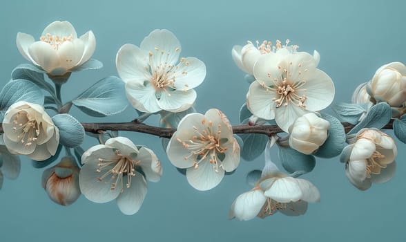 A flowering plant with white petals and green leaves blooming on a branch of a tree against a vibrant blue natural environment, showcasing the beauty of spring