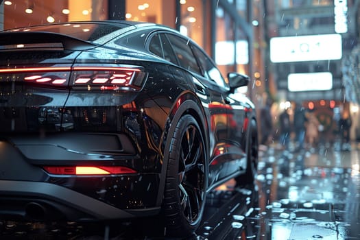 A black car with sleek automotive design is parked in the rain in front of a building, its tires glistening on the wet pavement