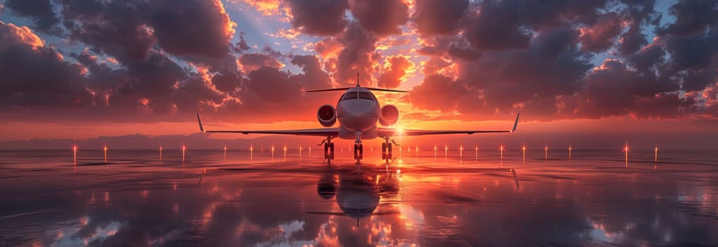 A plane is parked on a runway at dusk, surrounded by a magenta sky, with clouds reflecting water as the sun sets behind skyscrapers