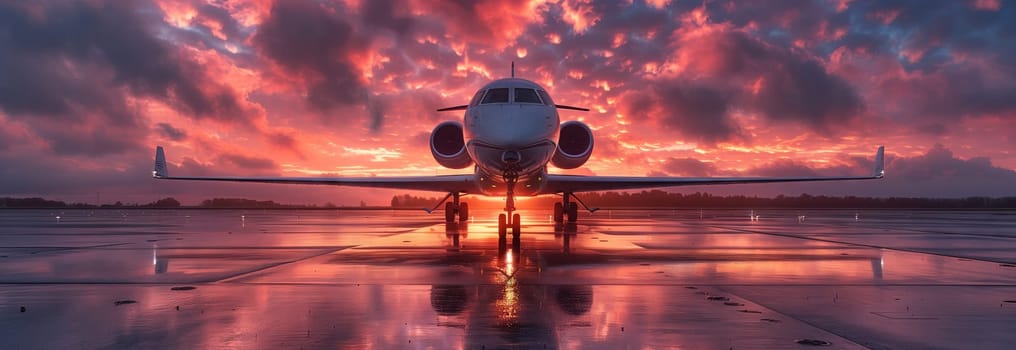 A private jet is parked on a runway, surrounded by a stunning sunset reflecting in the water. The magenta clouds and plant life add to the artistic event happening in the sky