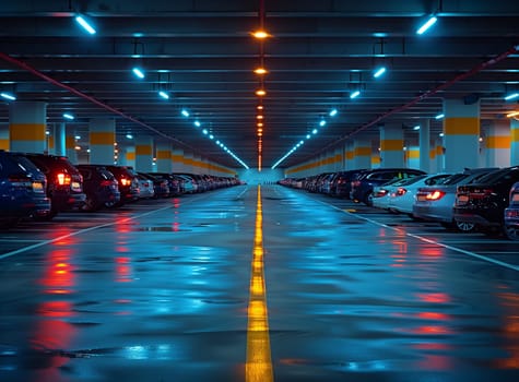 A row of vehicles with automotive lighting are parked in a dark parking garage at night, surrounded by the city lights and electric blue hues