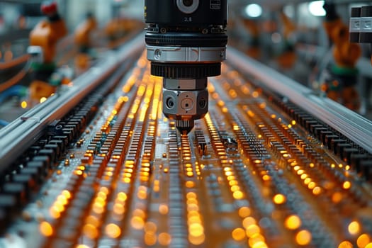 An electronic device is moving on a conveyor belt in a metropolis factory, showcasing cuttingedge technology in audio equipment engineering