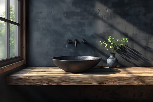 A black sink is placed on a hardwood countertop in a bathroom, situated next to a window with a view. The room features wooden flooring and a rectangular table