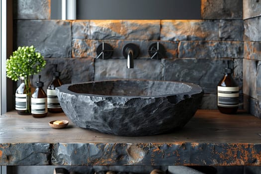 A bathroom featuring a stone sink and a mirror, with a wooden flowerpot and hardwood flooring. The building material is gas, and the house is decorated with a mix of modern and rustic elements