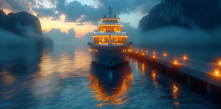 A massive watercraft is sailing on the surface of a vast lake, with the sky reflecting in the liquid below, creating a serene and picturesque scene