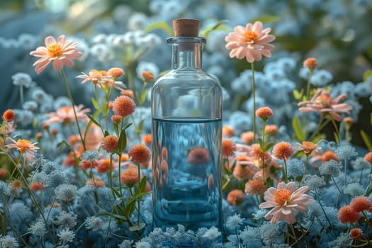 A glass bottle sits among vibrant flowers in a picturesque field, creating a stunning landscape of plants and petals