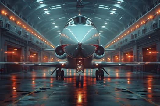 An aircraft is stored in a hangar at night, surrounded by darkness. The symmetrical vehicle made by an aerospace manufacturer awaits its next aviation event