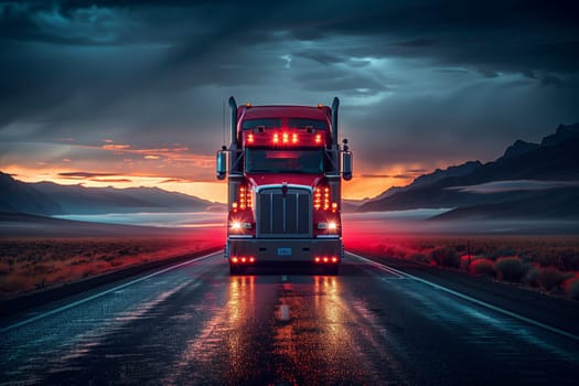 A red semi truck is driving on the wet asphalt road at sunset with the sky filled with clouds. Its automotive lighting and tail brake lights are glowing, showcasing its sleek automotive design