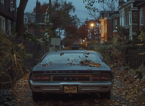 An old vehicle is parked in the middle of a residential street, with a rusty hood and a visible vehicle registration plate. The grille is covered with dust, and weeds grow around the tires