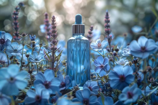 A bottle of perfume is placed among a beautiful field of blue flowers, creating a serene and picturesque scene in nature