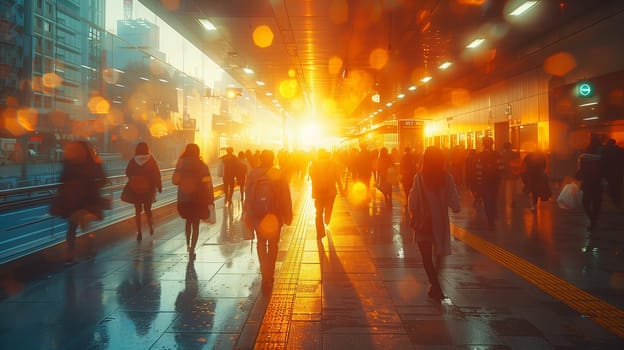 A crowd of people are walking through a tunnel as the sun sets, casting an amber glow over the landscape. The orange sky meets the horizon, creating a beautiful world of heat and peaceful event