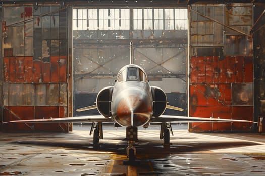 a fighter jet is parked in a hangar . High quality