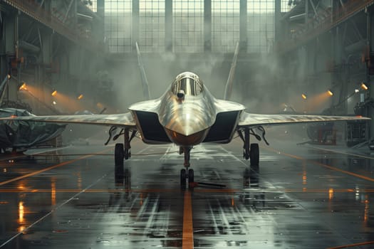 An aircraft is stored in a hangar, awaiting its next mission. The sleek vehicle is a marvel of aerospace engineering, featuring composite materials and a sturdy windshield