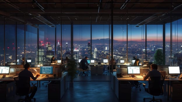 A gathering of individuals occupies office desks in a building during nighttime. The room features water fixtures, tables, and glass elements. AIG41