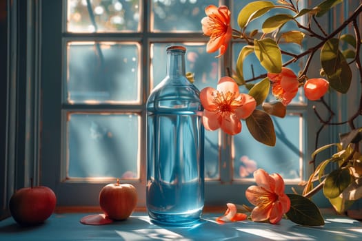 A display of a bottle of water, apples, and flowers on a table in front of a window, showcasing the beauty of nature and interior design art