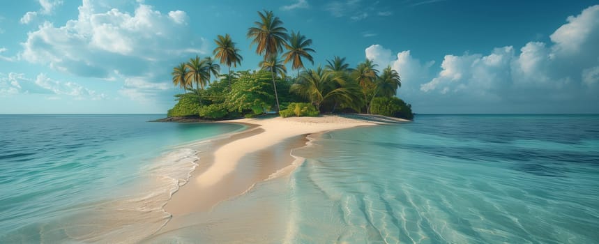 There is a tiny island surrounded by water in the middle of the ocean, with trees, plants, and sandy beaches creating a beautiful natural landscape