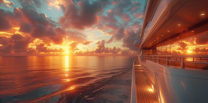 A cruise ship glides on the water at sunset, framed by a serene landscape of colorful clouds and a horizon blending into the sky