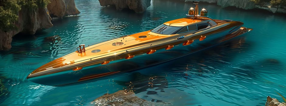 A watercraft, such as a boat or ship, is leisurely floating on a lake. The naval architecture of the vessel allows it to gracefully glide over the liquid surface
